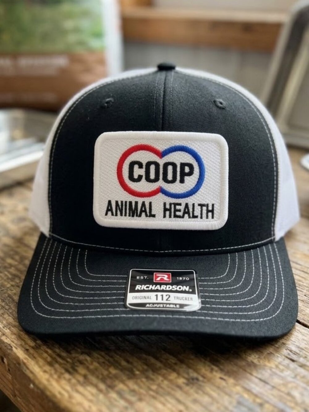 Retro Coop Animal Health Hat Farm Patch Black White Richardson 112 Trucker Cap